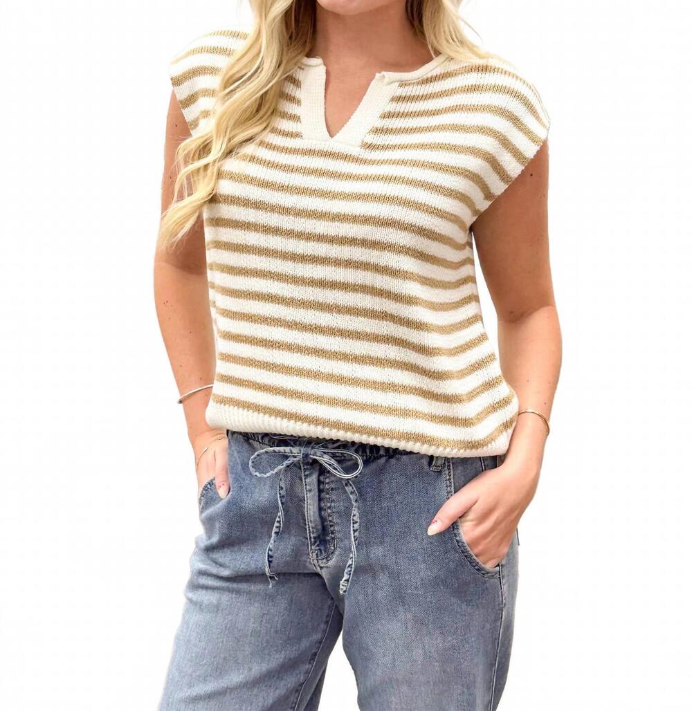 NEW STACCATO striped v-neck sleeveless sweater in cream & taupe